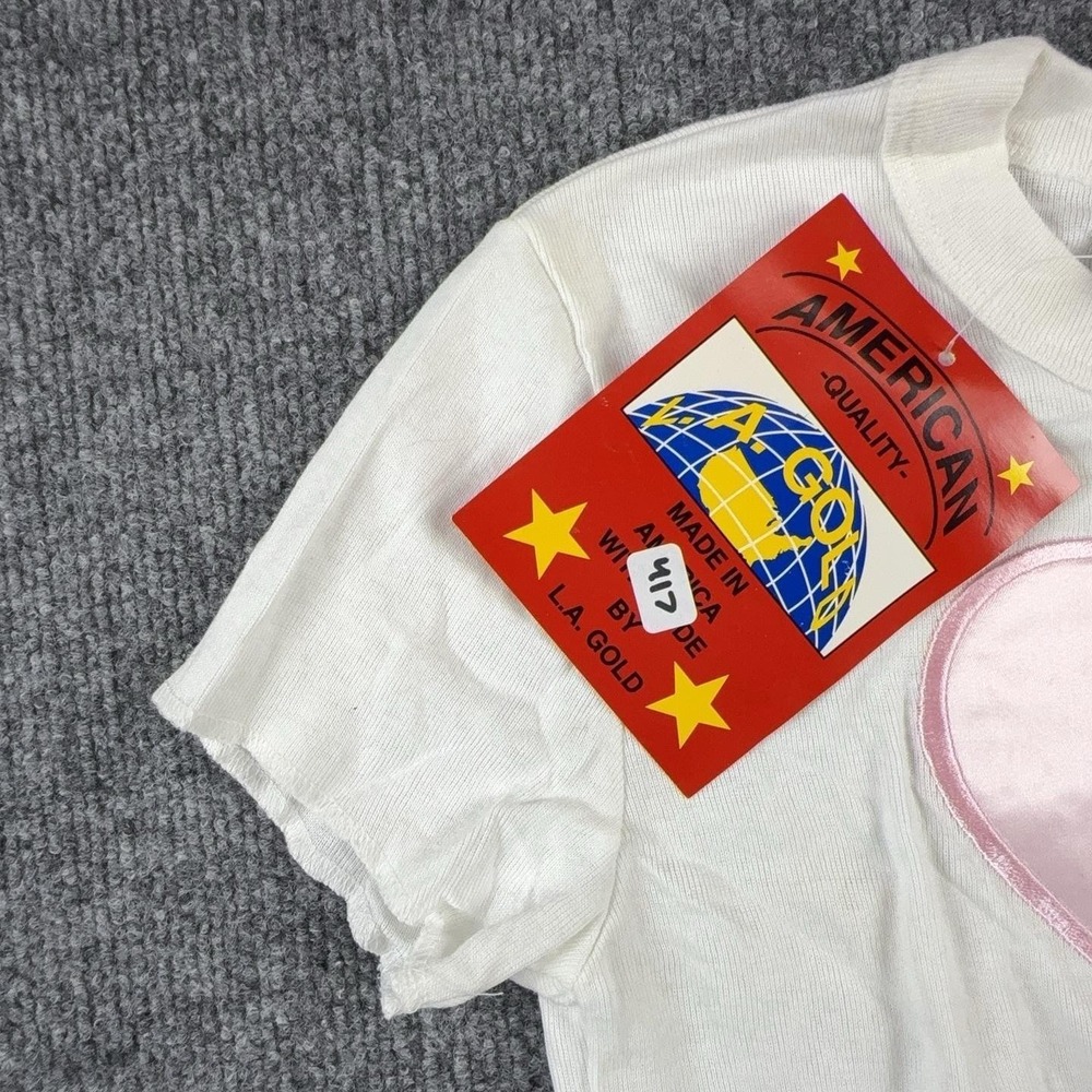 VTG L.A. GOLD Shirt Girls M White Pink Satin Heart Graphic Crew Neck Tee USA - Picture 4 of 12